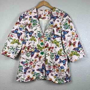 Butterfly Print Blazer Womens L Multicolor 3/4 Sleeve‎ Pockets Dopamine Fairy